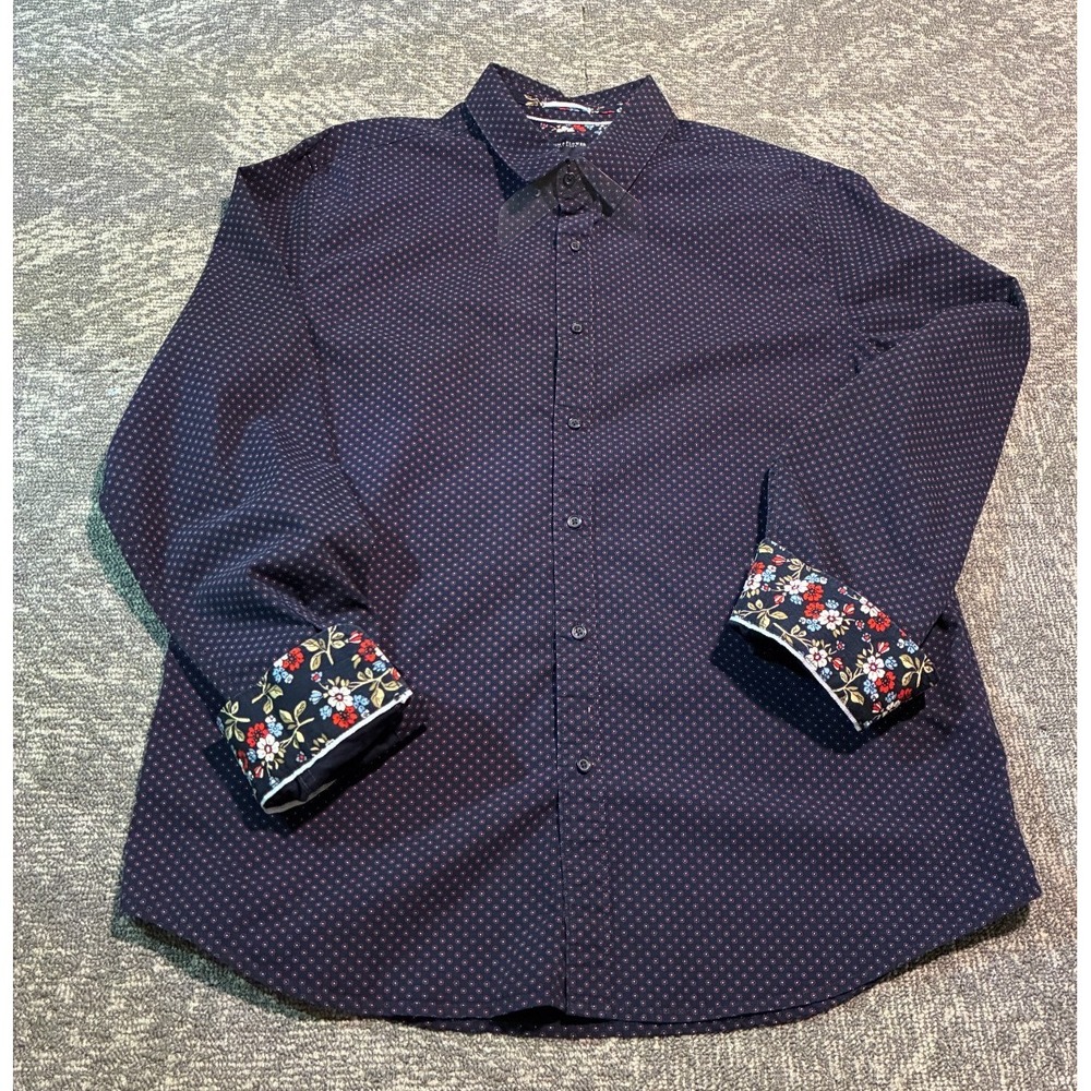 Denim & Flower Ricky Singh Mens Shirt XL Navy Floral Cuff Button Up
